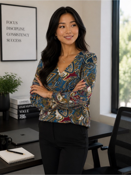 Valerie Stevens Tops - Valerie Stevens Blue Paisley V-Neck Cutout Stretch Blouse Top Small Boho
